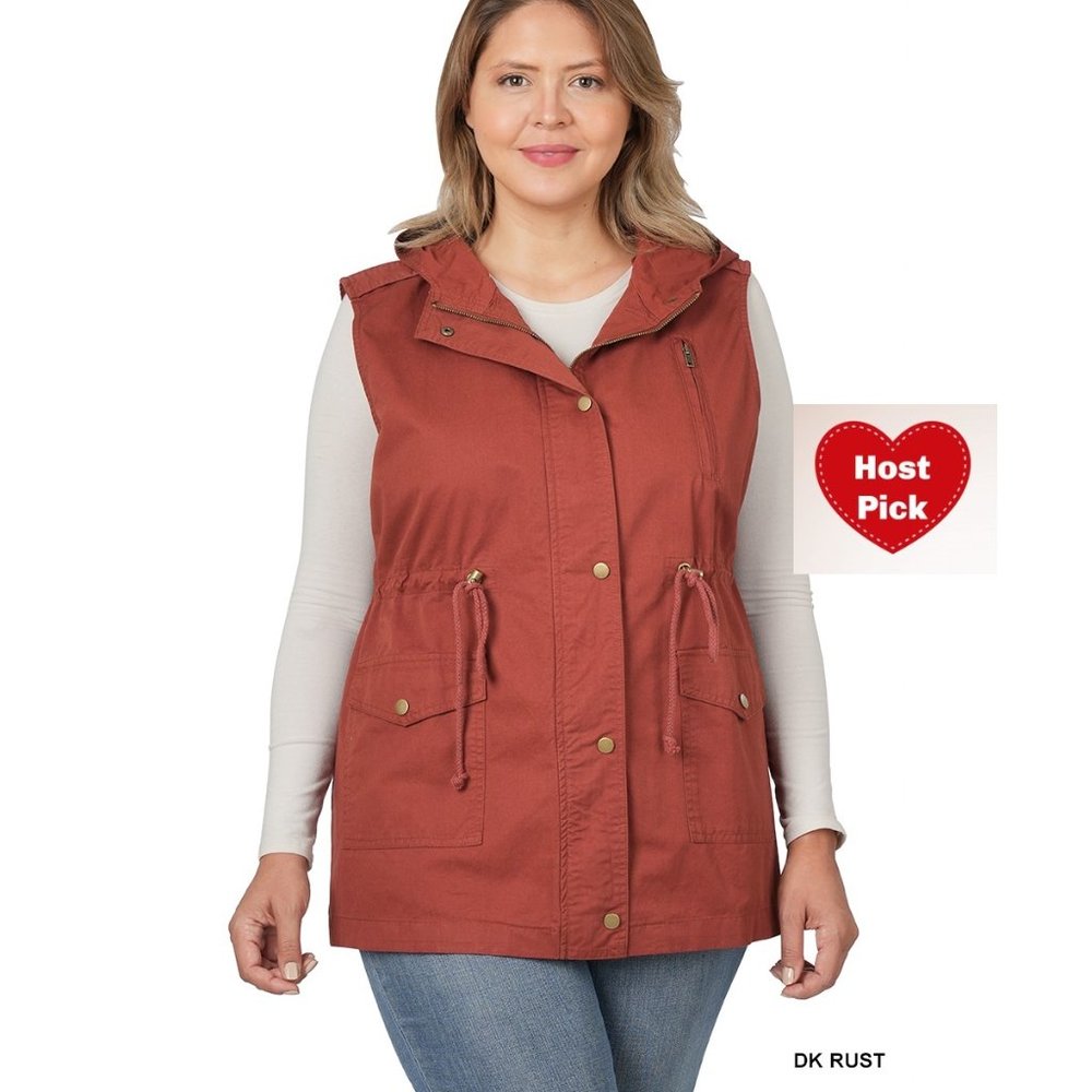 Plus Size Women's Utility Jacket Vest Hooded Cargo Drawstring Zip Snap Cotton